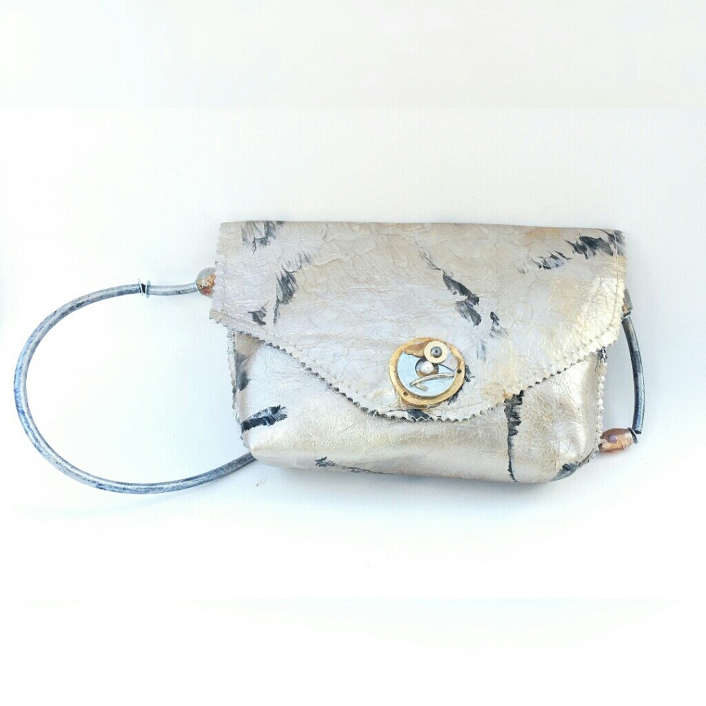 Handpainted Leather Handbag with Beaded Handle